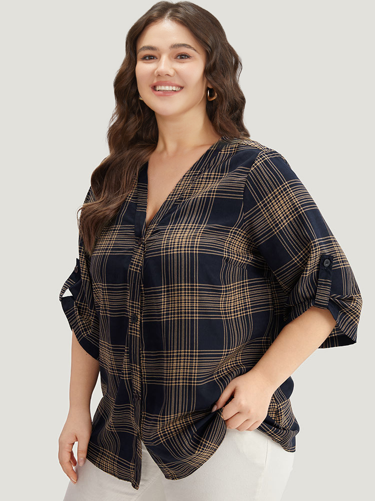 Plus Size Women Work Plaid Button Regular Sleeve Half Sleeve V-neck Office Blouses BloomChic 