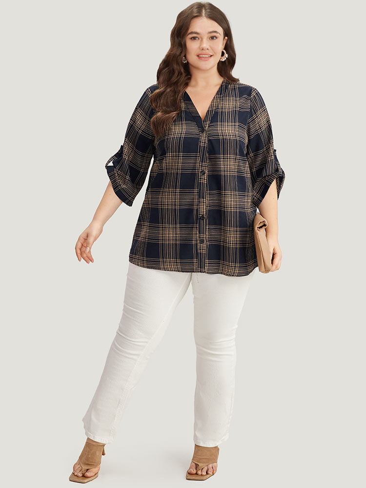Plus Size Women Work Plaid Button Regular Sleeve Half Sleeve V-neck Office Blouses BloomChic 