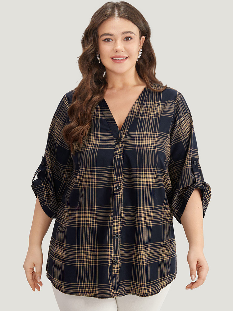 Plus Size Women Work Plaid Button Regular Sleeve Half Sleeve V-neck Office Blouses BloomChic 