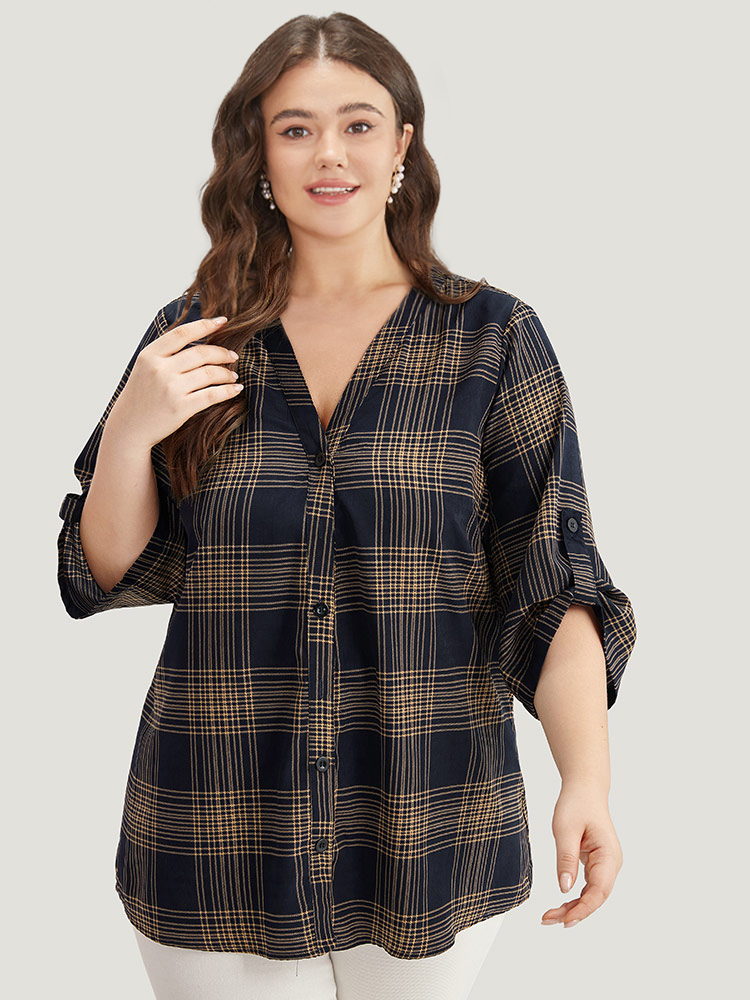 Plus Size Women Work Plaid Button Regular Sleeve Half Sleeve V-neck Office Blouses BloomChic 
