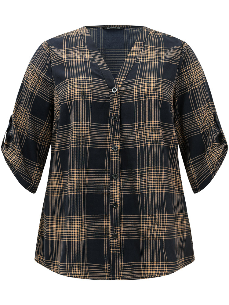 Plus Size Women Work Plaid Button Regular Sleeve Half Sleeve V-neck Office Blouses BloomChic 
