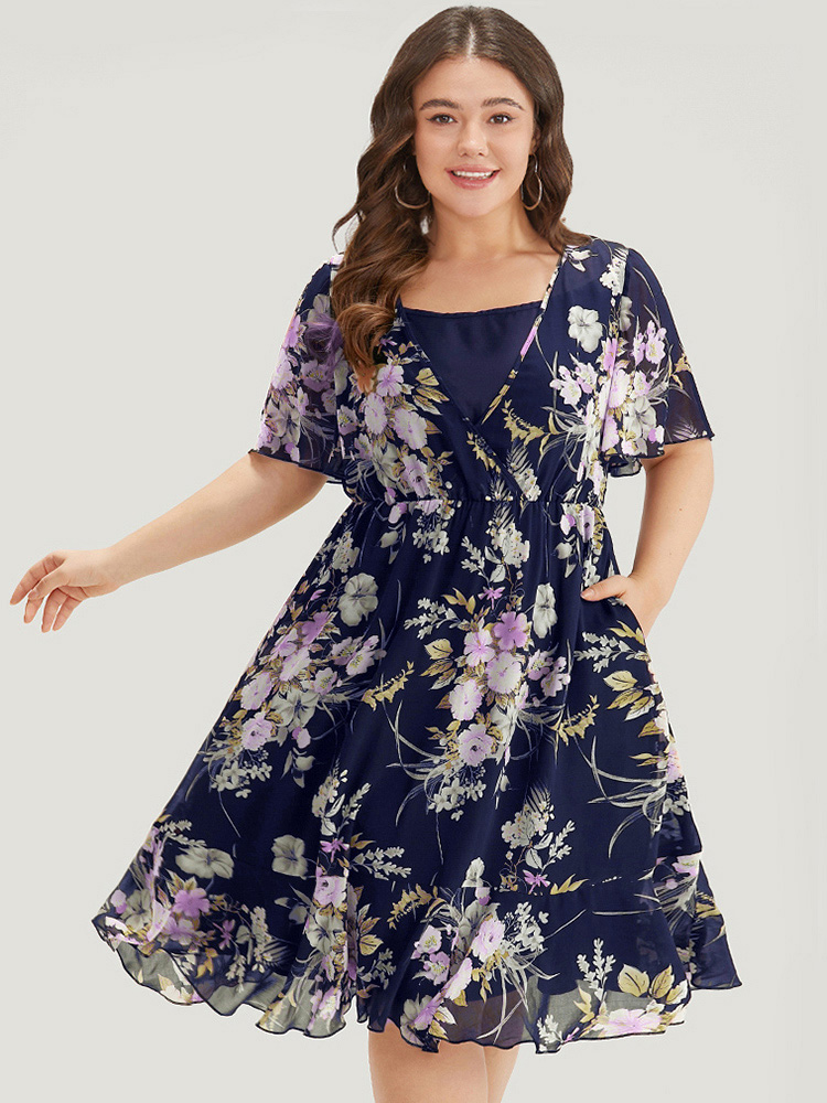 

Plus Size Floral Print 2-In-1 Mesh Ruffle Sleeve Dress Indigo Women Elegant Printed V-neck Short sleeve Curvy Midi Dress BloomChic