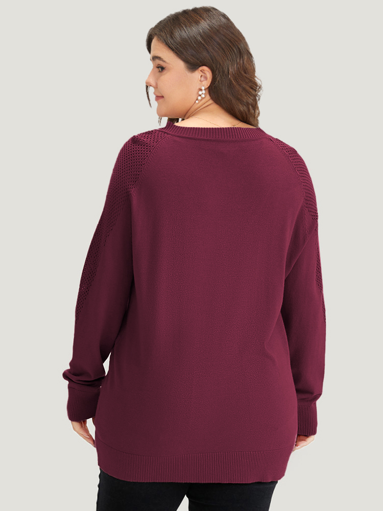 

Plus Size Supersoft Essentials Solid Cut Out Patchwork Pullover Burgundy Women Casual Loose Long Sleeve V-neck Dailywear Pullovers BloomChic