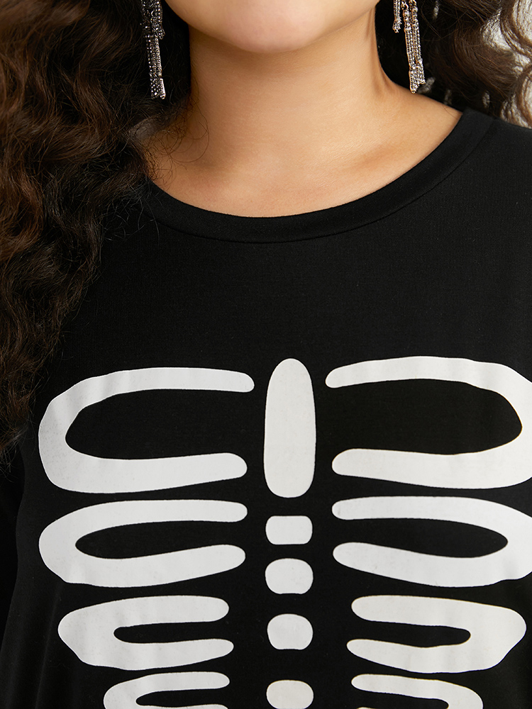 

Plus Size Halloween Skull Print Crew Neck T-shirt Black Women Casual Printed Halloween Round Neck Festival-Halloween T-shirts BloomChic