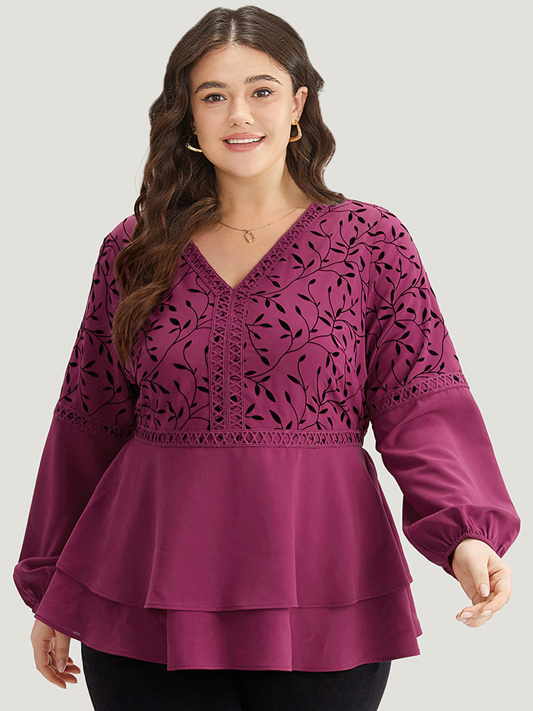 BloomChic Women's Plus Size Silhouette Floral Print Lace Patchwork Layered Hem Blouse RedViolet Dailywear Long Sleeve 26/4X