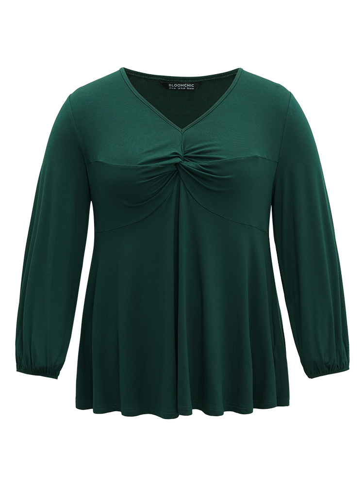 

Solid Twist Front Ruched Lantern Sleeve T-shirt, Darkgreen