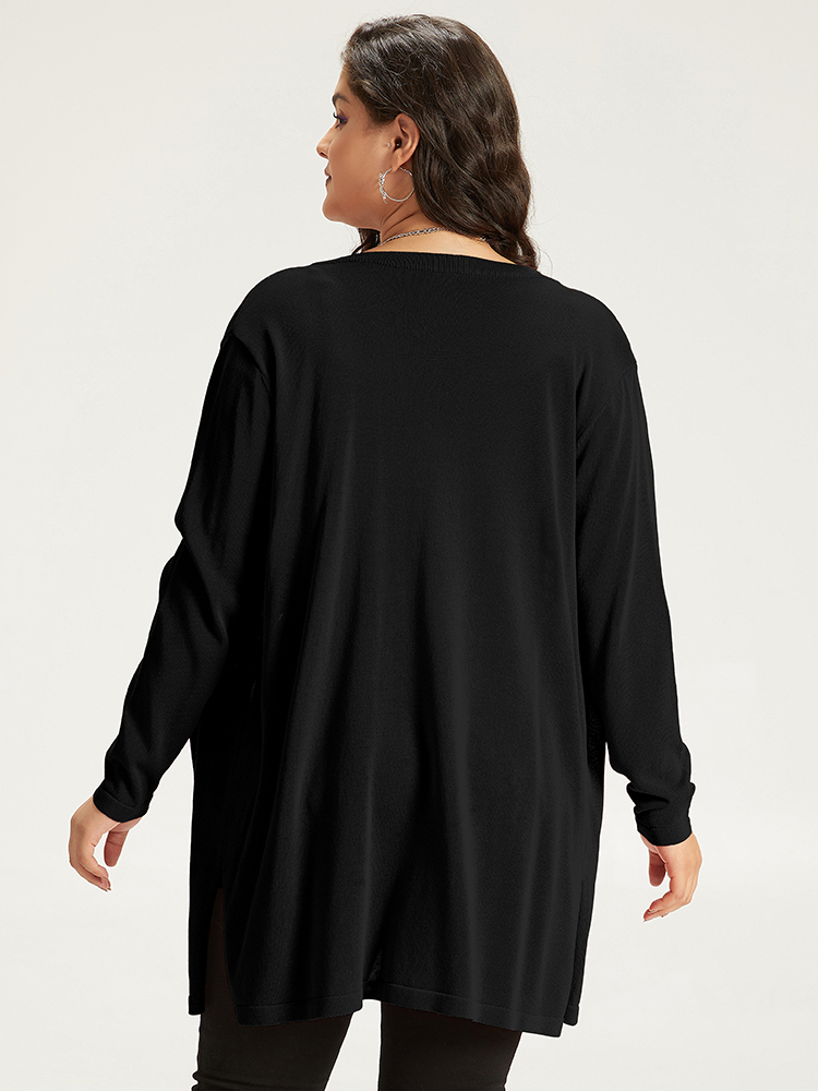 Plus Size Halloween Cat Print Split Side Patched Pocket Cardigan Black Women Casual Loose Long Sleeve Festival-Halloween Cardigans BloomChic 10/M 