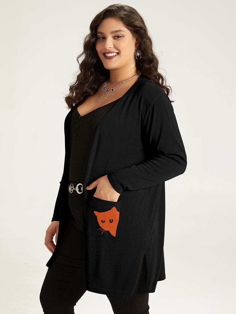 Plus Size Halloween Cat Print Split Side Patched Pocket Cardigan Black Women Casual Loose Long Sleeve Festival-Halloween Cardigans BloomChic 10/M 