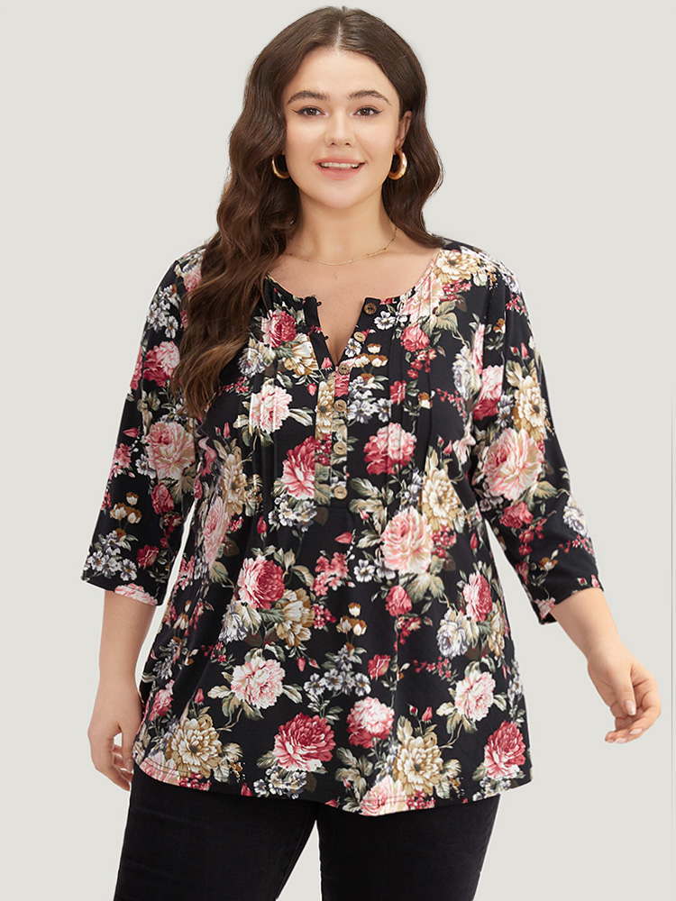 

Floral Print Pleated Button Up T-shirt, Black