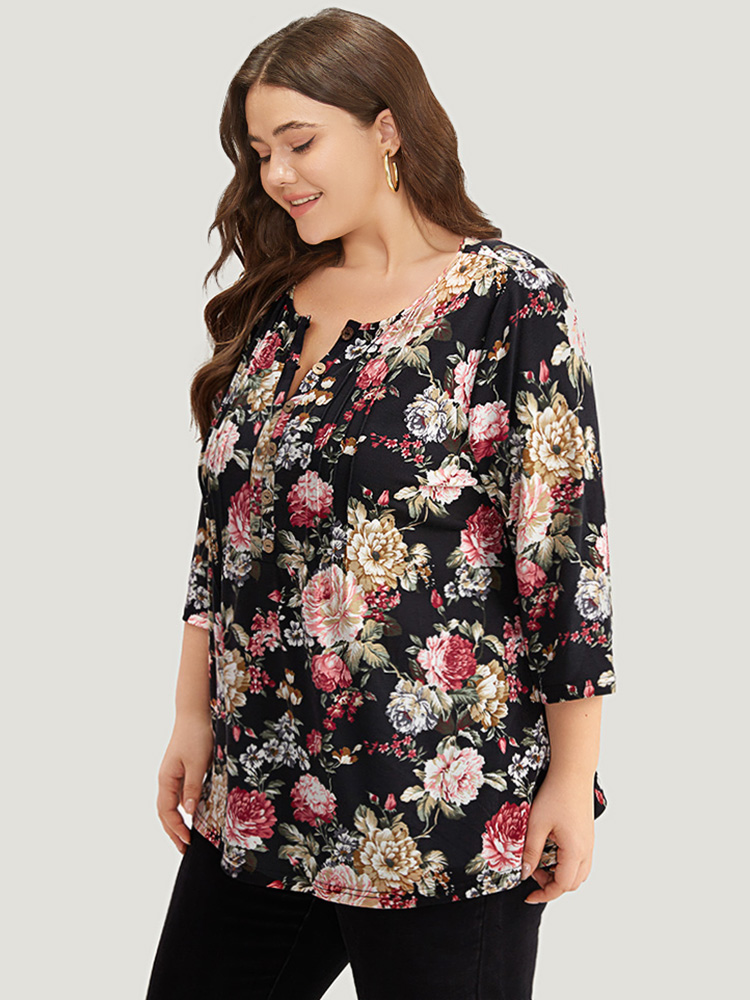 

Plus Size Floral Print Pleated Button Up T-shirt Black Notched collar Elbow-length sleeve Elegant Jersey Tops