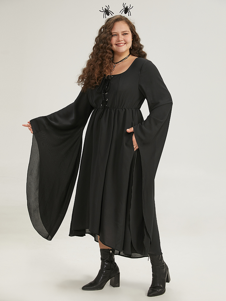 

Plus Size Halloween Plain Lace Up Bell Sleeve Dress Black Women Elegant Plain Round Neck Long Sleeve Curvy Midi Dress BloomChic