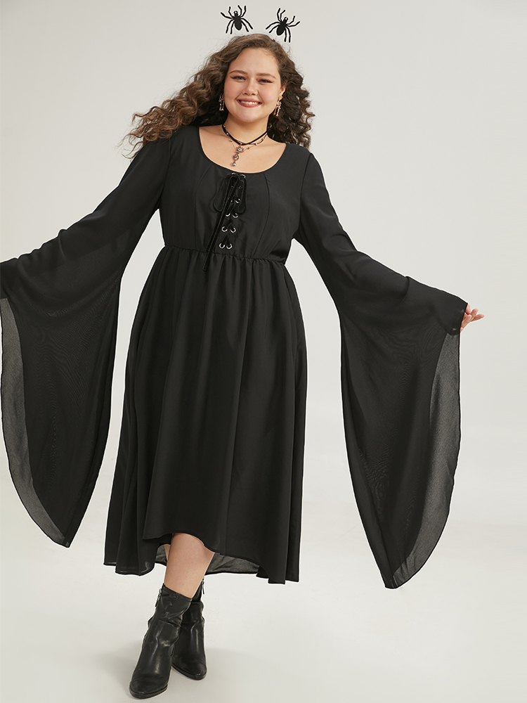 

Plus Size Halloween Plain Lace Up Bell Sleeve Dress Black Women Elegant Plain Round Neck Long Sleeve Curvy Midi Dress BloomChic