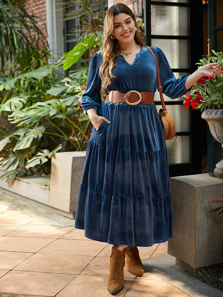 

Plus Size Velvet Solid Notched Shirred Tiered Hem Dress Cerulean Women Vacation Elastic cuffs Notched collar Elbow-length sleeve Curvy Midi Dress BloomChic