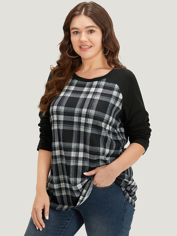 

Plus Size Plaid Raglan Sleeve Crew Neck T-shirt Black Women Casual Patchwork Plaid Round Neck Dailywear T-shirts BloomChic