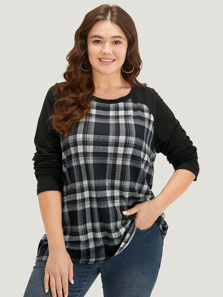 Plus Size Plaid Raglan Sleeve Crew Neck T-shirt Black Women Casual Patchwork Plaid Round Neck Dailywear T-shirts BloomChic 26/4X 