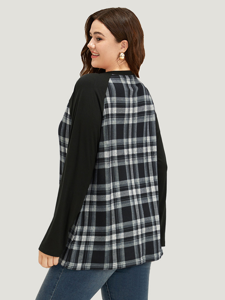 Plus Size Plaid Raglan Sleeve Crew Neck T-shirt Black Women Casual Patchwork Plaid Round Neck Dailywear T-shirts BloomChic 26/4X 