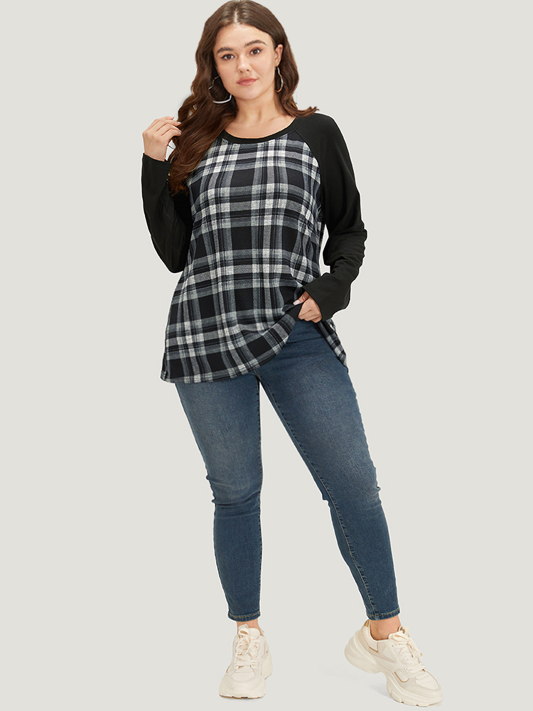 

Plus Size Plaid Raglan Sleeve Crew Neck T-shirt Black Women Casual Patchwork Plaid Round Neck Dailywear T-shirts BloomChic