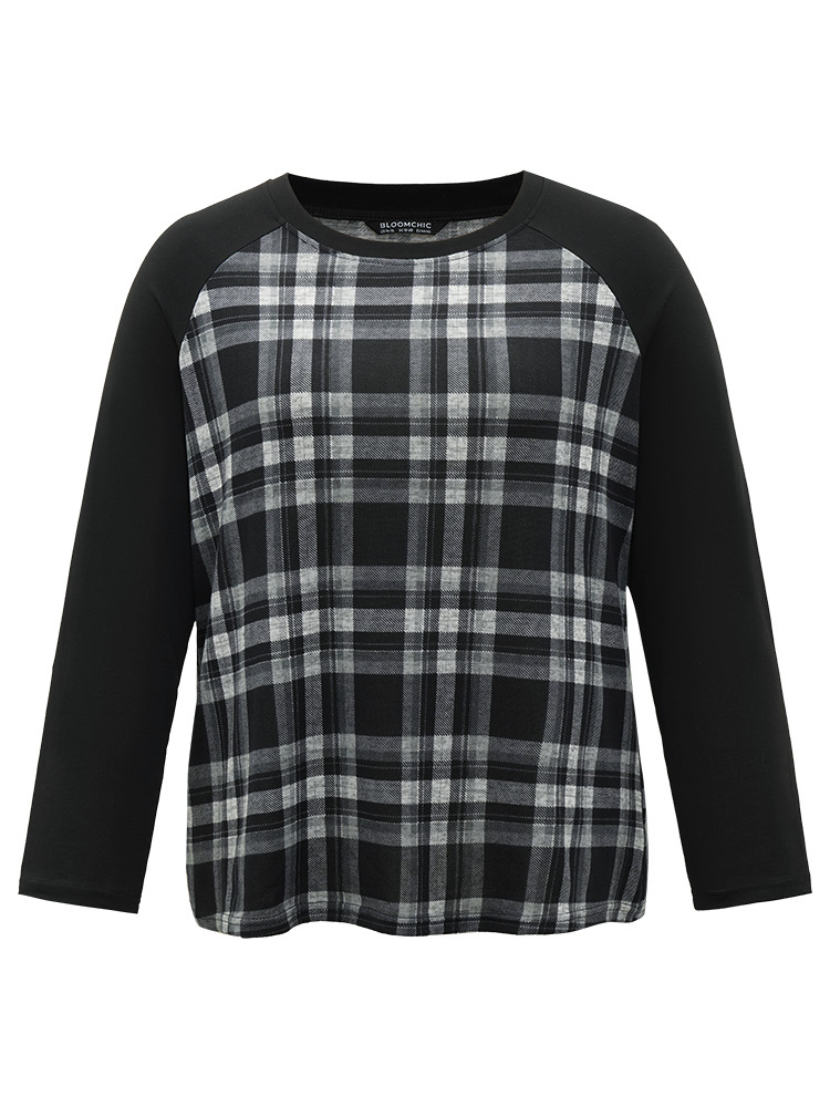 Plus Size Plaid Raglan Sleeve Crew Neck T-shirt Black Women Casual Patchwork Plaid Round Neck Dailywear T-shirts BloomChic 26/4X 