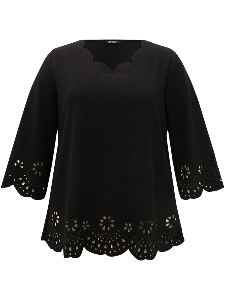 

Plus Size Plain Laser Cut Scalloped Trim T-shirt Black V-neck Elbow-length sleeve Elegant Jersey Tops