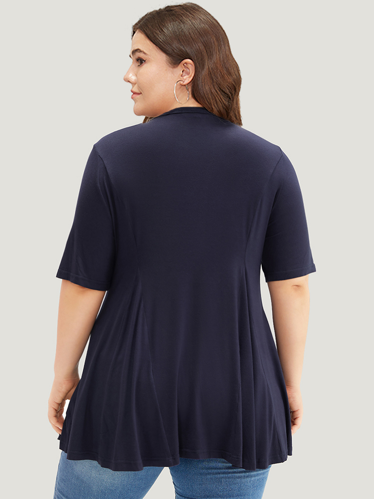 

Plus Size Solid Flutter Trim Crew Neck T-shirt Indigo Round Neck Short sleeve Casual Jersey Tops