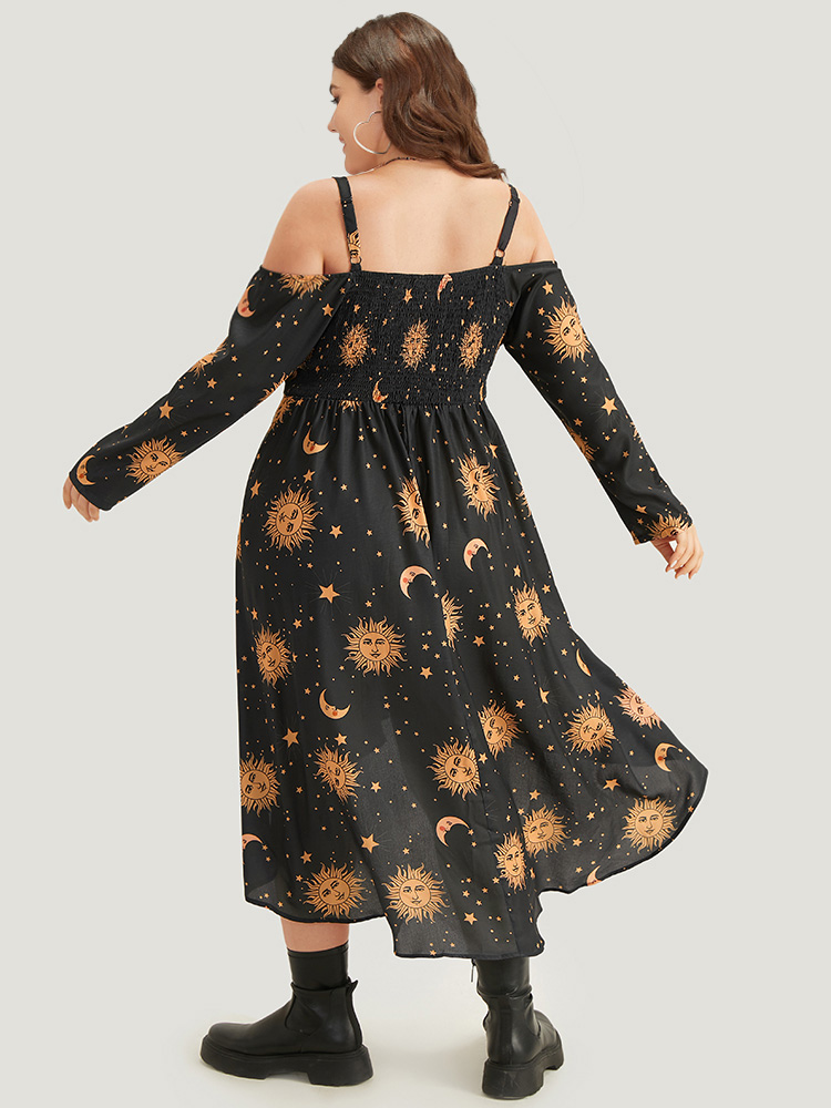 

Plus Size Halloween Moon & Star Cold Shoulder Pocket Elastic Waist Dress Black Women Casual Adjustable Straps Spaghetti Strap Long Sleeve Curvy Midi Dress BloomChic