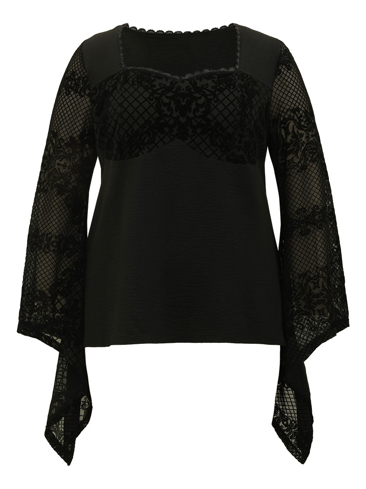 

Plus Size Black Halloween Floral Eyelet Lace Mesh Bell Sleeve Blouse Women Elegant Long Sleeve Square Neck Festival-Halloween Blouses BloomChic