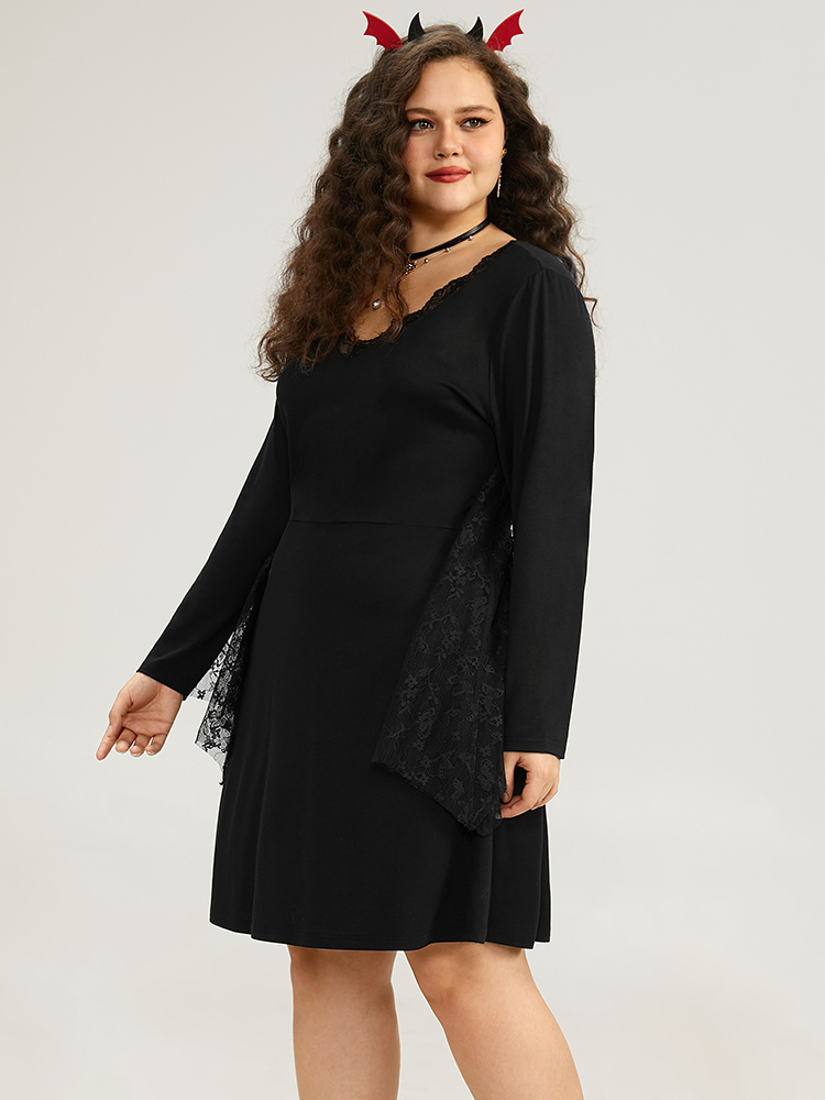 

Plus Size Halloween Plain Contrast Lace Flutter Hem Dress DarkGreen Women Casual See through V-neck Long Sleeve Curvy Knee Dress BloomChic