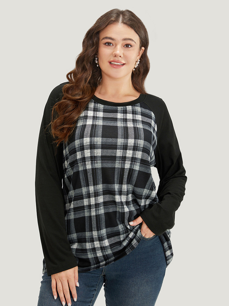 Plus Size Plaid Raglan Sleeve Crew Neck T-shirt Black Women Casual Patchwork Plaid Round Neck Dailywear T-shirts BloomChic 26/4X 
