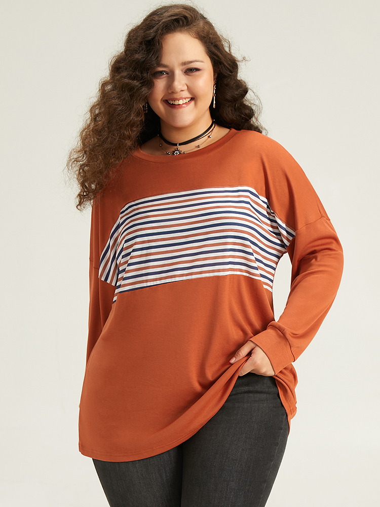Plus Size Women Festival-Halloween Striped Patchwork Regular Sleeve Long Sleeve Round Neck Casual T-shirts BloomChic 