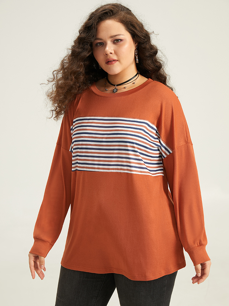 Plus Size Women Festival-Halloween Striped Patchwork Regular Sleeve Long Sleeve Round Neck Casual T-shirts BloomChic 