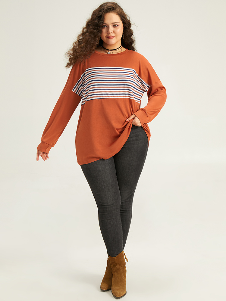 Plus Size Women Festival-Halloween Striped Patchwork Regular Sleeve Long Sleeve Round Neck Casual T-shirts BloomChic 