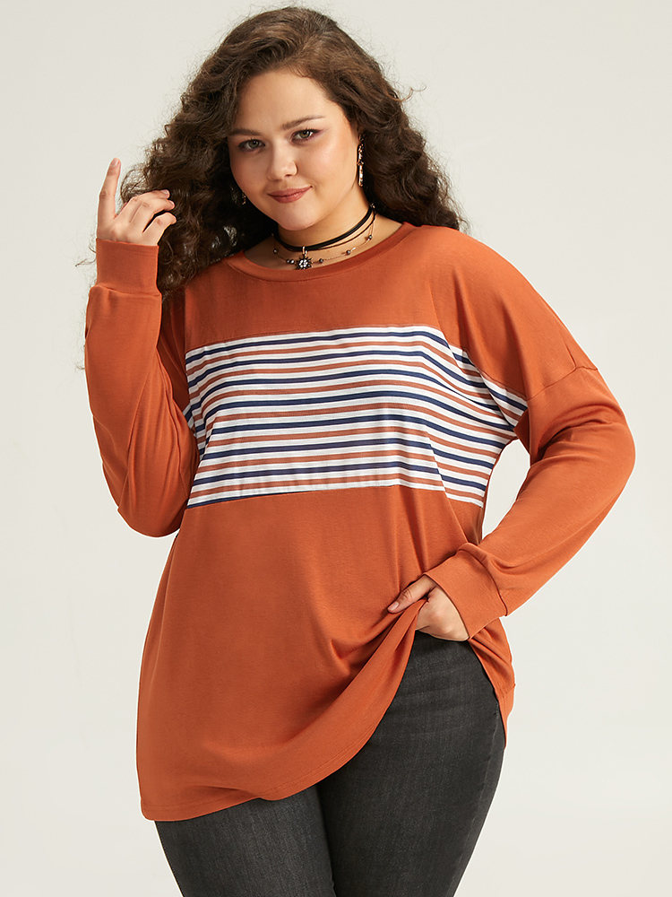 Plus Size Women Festival-Halloween Striped Patchwork Regular Sleeve Long Sleeve Round Neck Casual T-shirts BloomChic 