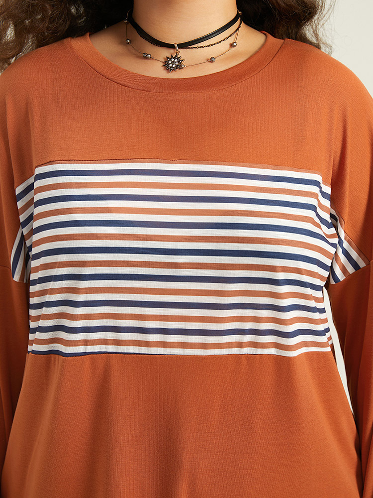 Plus Size Women Festival-Halloween Striped Patchwork Regular Sleeve Long Sleeve Round Neck Casual T-shirts BloomChic 