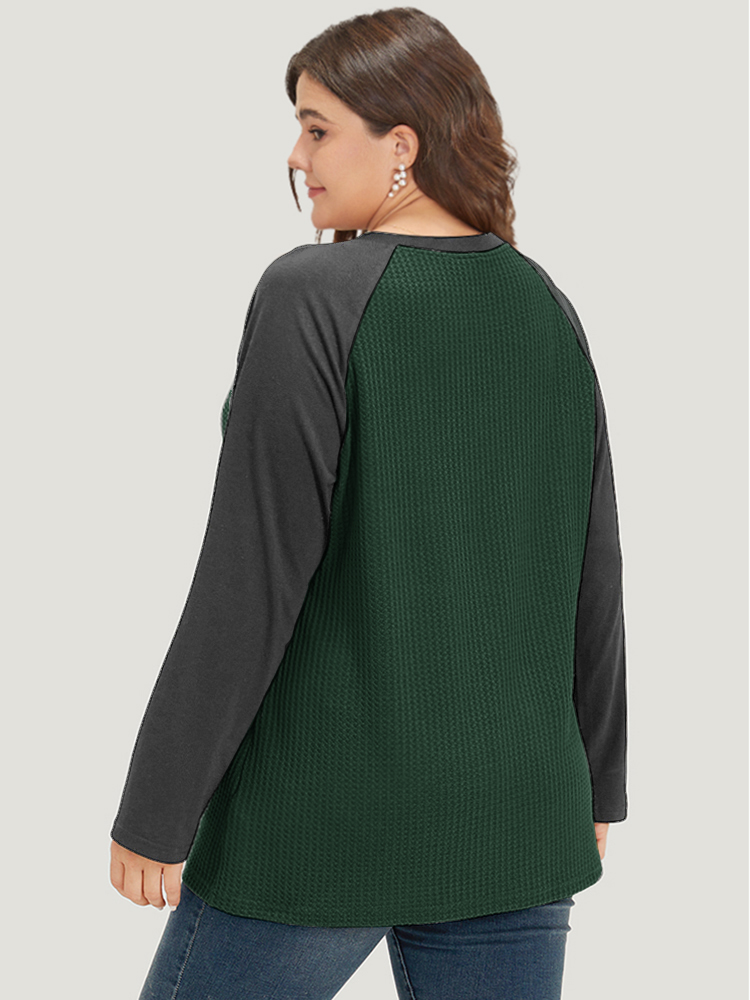 Plus Size Waffle Knit Raglan Sleeve Metal Buckle Detail T-shirt DarkGreen Women Casual Contrast Plain V-neck Everyday T-shirts BloomChic 26/4X 
