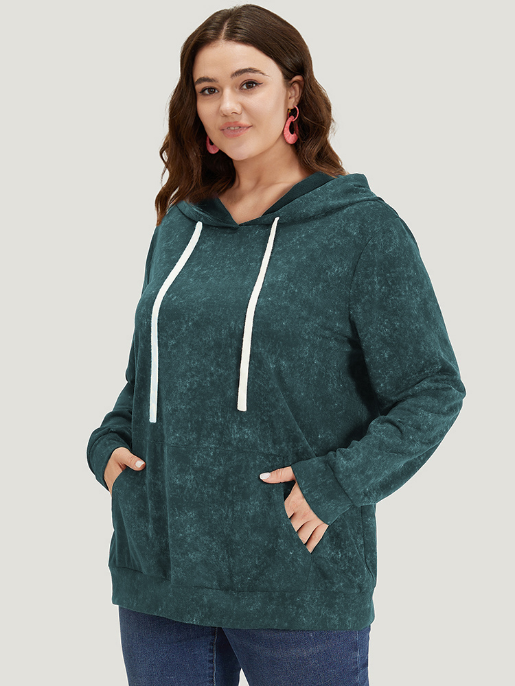 Plus Size Hooded Ties Pocket Elastic Cuffs Sweatshirt Women DarkGreen Casual Elastic cuffs Hooded Dailywear Sweatshirts BloomChic 18-20/2X 