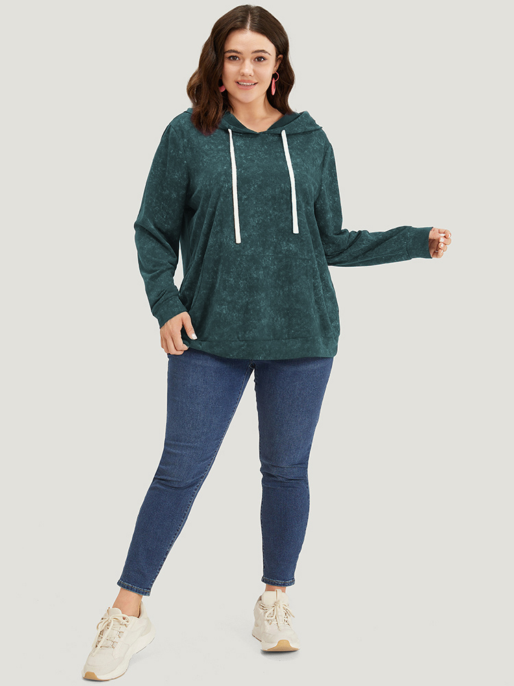 Plus Size Hooded Ties Pocket Elastic Cuffs Sweatshirt Women DarkGreen Casual Elastic cuffs Hooded Dailywear Sweatshirts BloomChic 18-20/2X 