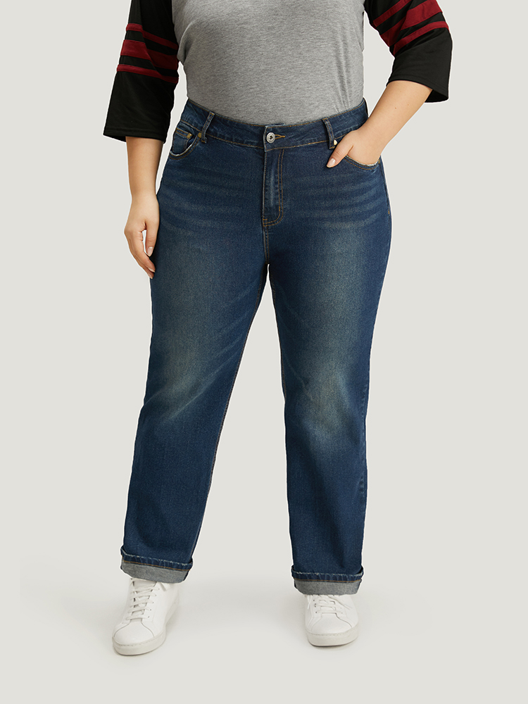 

Plus Size Plain Roll Hem Medium Wash Full Length Jeans Women Indigo Casual Plain Plain High stretch Pocket Jeans BloomChic