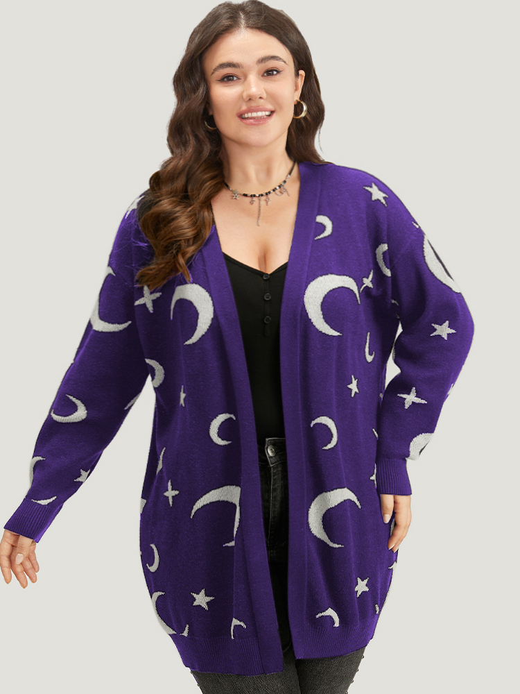 

Plus Size Moon Print Open Front Cardigan BlueViolet Women Casual Long Sleeve Everyday Cardigans BloomChic