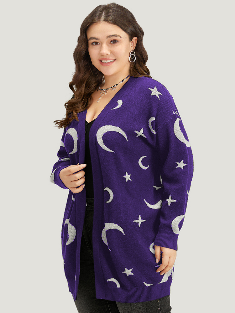 

Plus Size Moon Print Open Front Cardigan BlueViolet Women Casual Long Sleeve Everyday Cardigans BloomChic