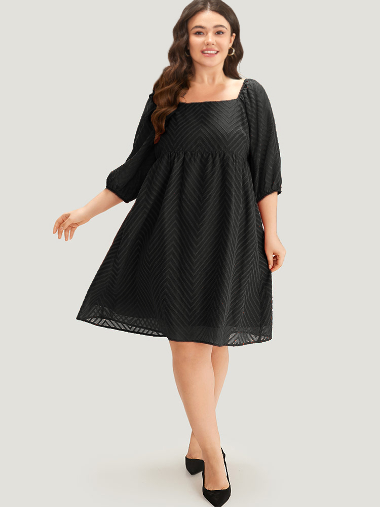 

Plus Size Plisse Solid Square Neck Lantern Sleeve Dress Black Women Office Lined Square Neck Half Sleeve Curvy Midi Dress BloomChic