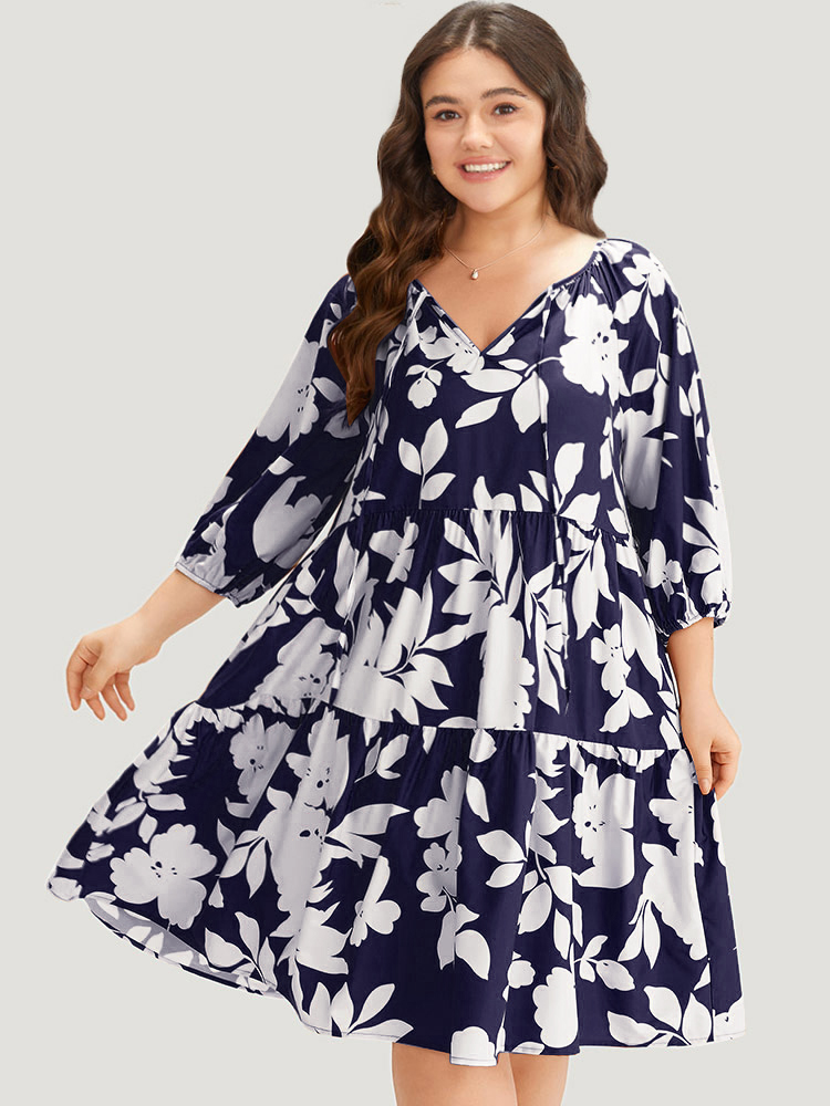 

Plus Size Silhouette Floral Print Knot Neck Lantern Sleeve Dress Navy Women Office Elastic cuffs Round Neck Half Sleeve Curvy Midi Dress BloomChic