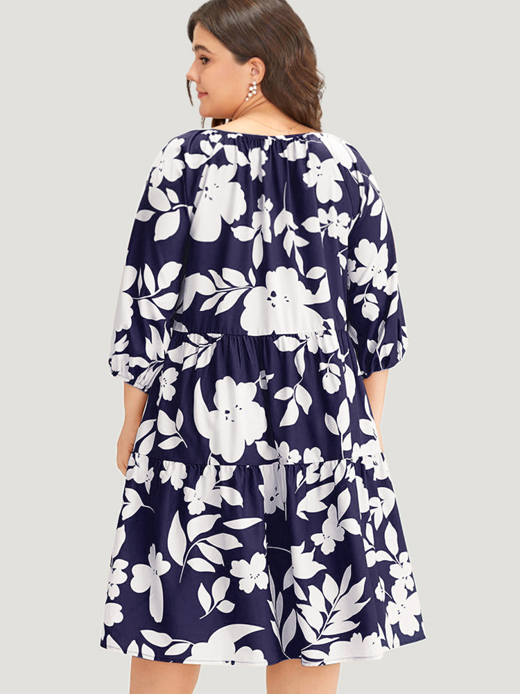Plus Size Silhouette Floral Print Knot Neck Lantern Sleeve Dress Navy Women Office Elastic cuffs Round Neck Half Sleeve Curvy Midi Dress BloomChic 22-24/3X 
