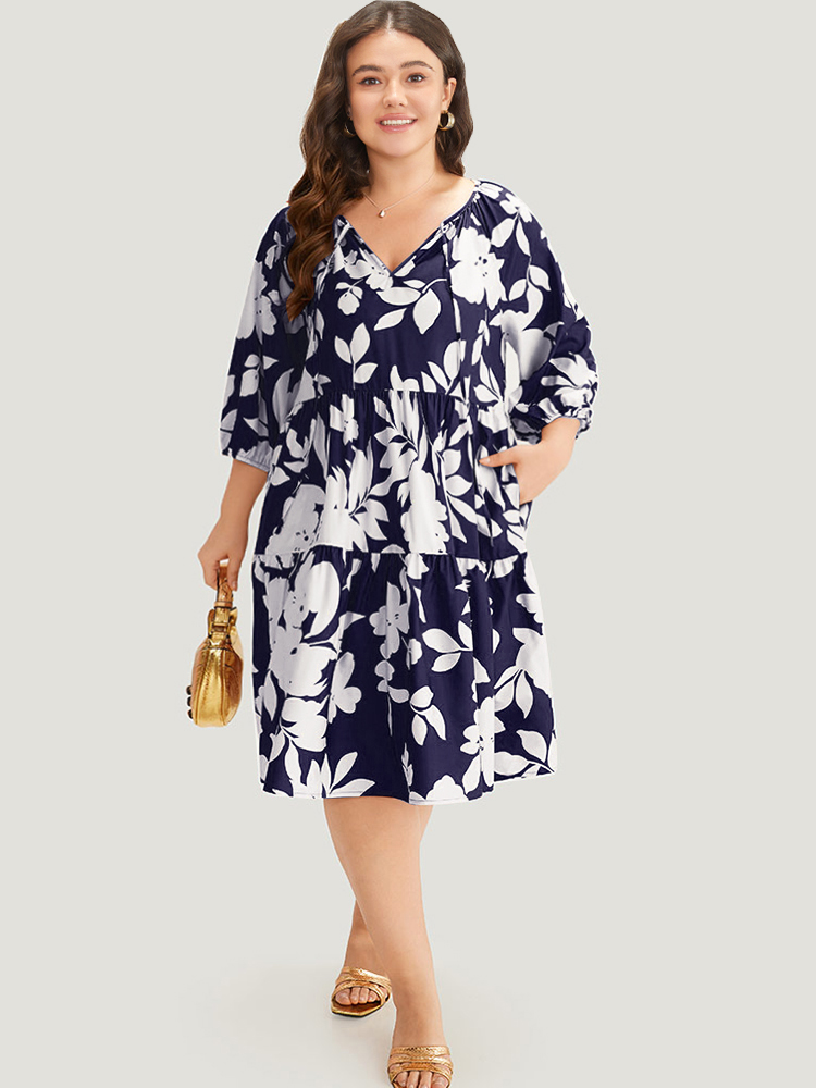 Plus Size Silhouette Floral Print Knot Neck Lantern Sleeve Dress Navy Women Office Elastic cuffs Round Neck Half Sleeve Curvy Midi Dress BloomChic 22-24/3X 