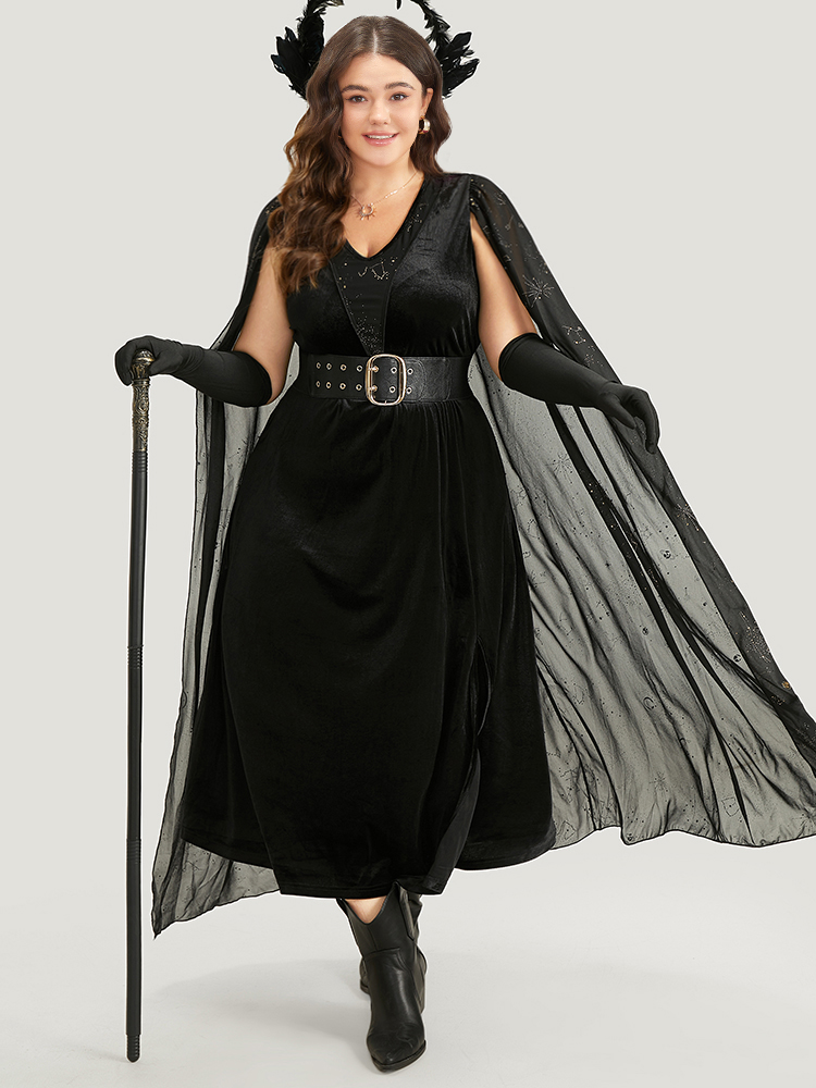 

Plus Size Halloween Glitter Detail Patchwork Dress With Cape Black Women Elegant Gathered V-neck Sleeveless Curvy Long Dress BloomChic