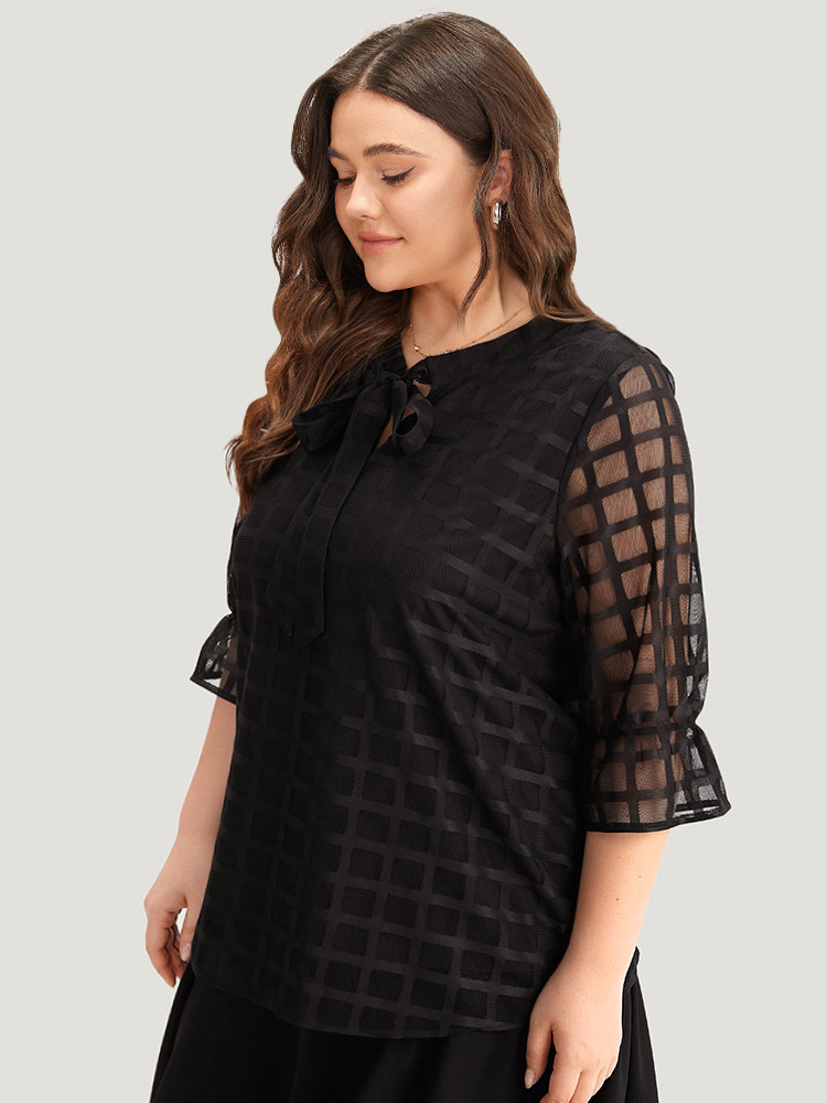 

Plaid Knot Neck Mesh Woven Top, Black