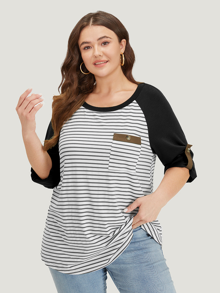 

Plus Size Striped Patchwork Patched Pocket Raglan Sleeve T-shirt Gray Women Casual Contrast Striped Round Neck Dailywear T-shirts BloomChic