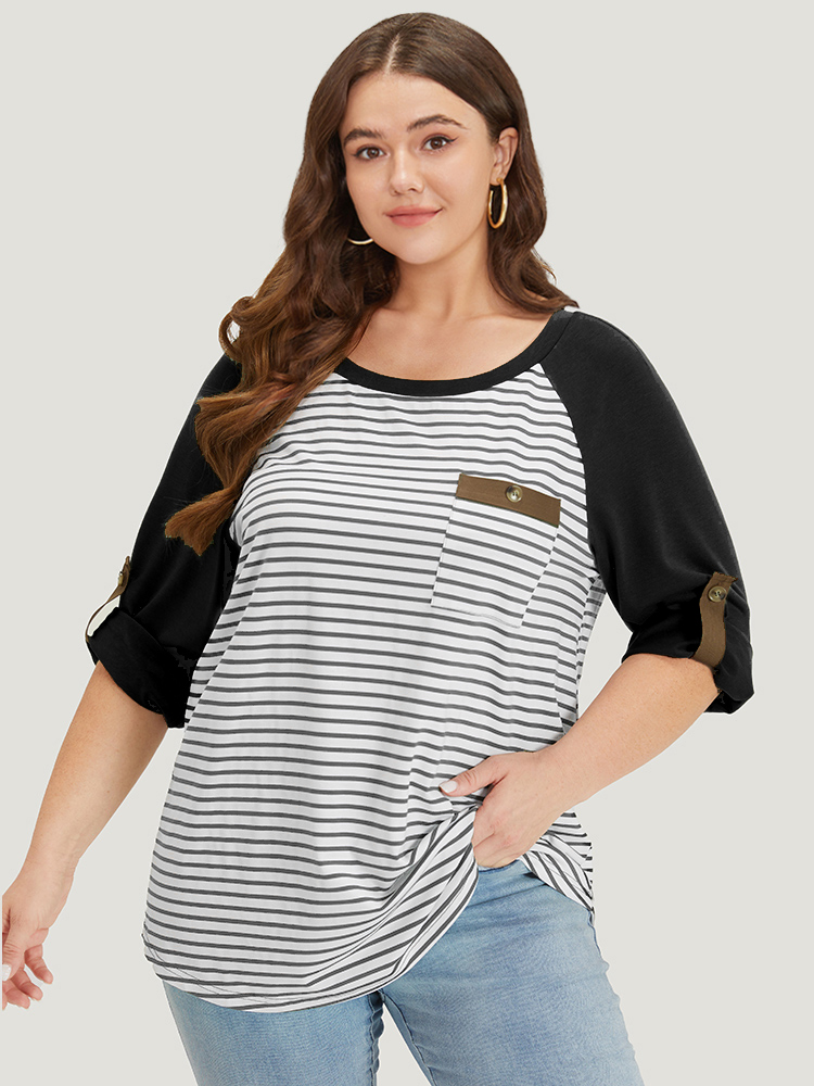 

Plus Size Striped Patchwork Patched Pocket Raglan Sleeve T-shirt Gray Women Casual Contrast Striped Round Neck Dailywear T-shirts BloomChic