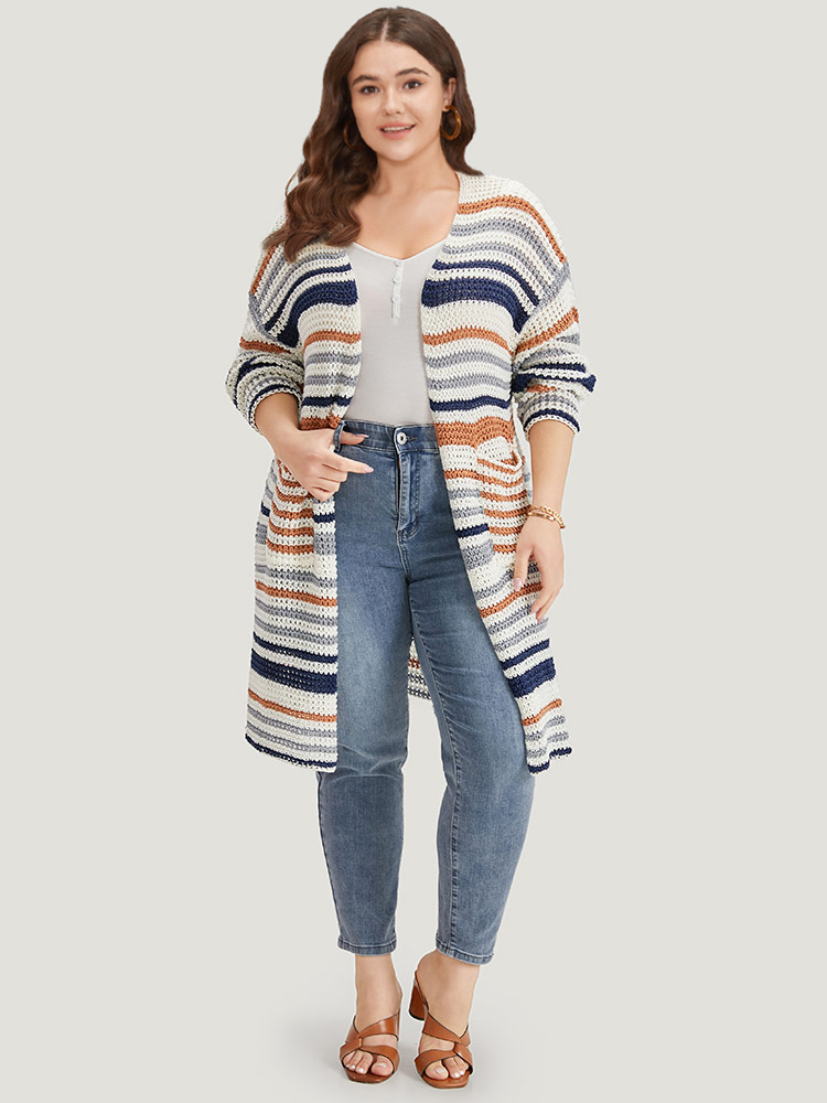 

Plus Size Contrast Striped Patched Pocket Split Side Cardigan Multicolor Women Casual Loose Long Sleeve Dailywear Cardigans BloomChic