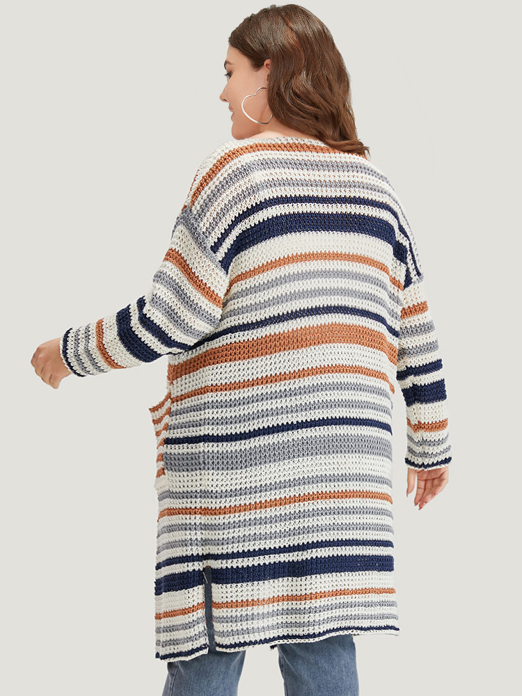 Plus Size Cardigans | Contrast Striped Patched Pocket Split Side Cardigan | BloomChic 