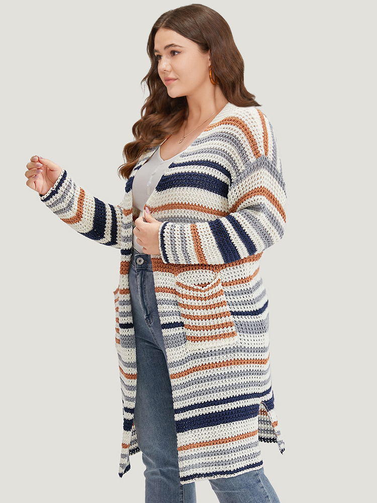 Plus Size Cardigans | Contrast Striped Patched Pocket Split Side Cardigan | BloomChic 